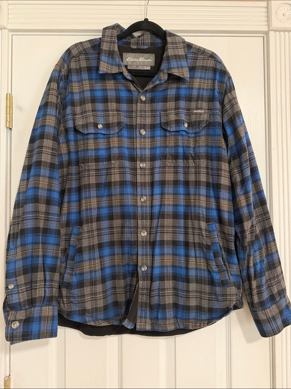Eddie Bauer Blue and Gray Plaid fleece lined Shirt Jacket